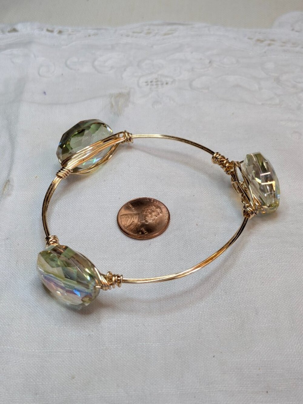 Gold Wire Bangle Bracelet with AB Coated Crystal Stones